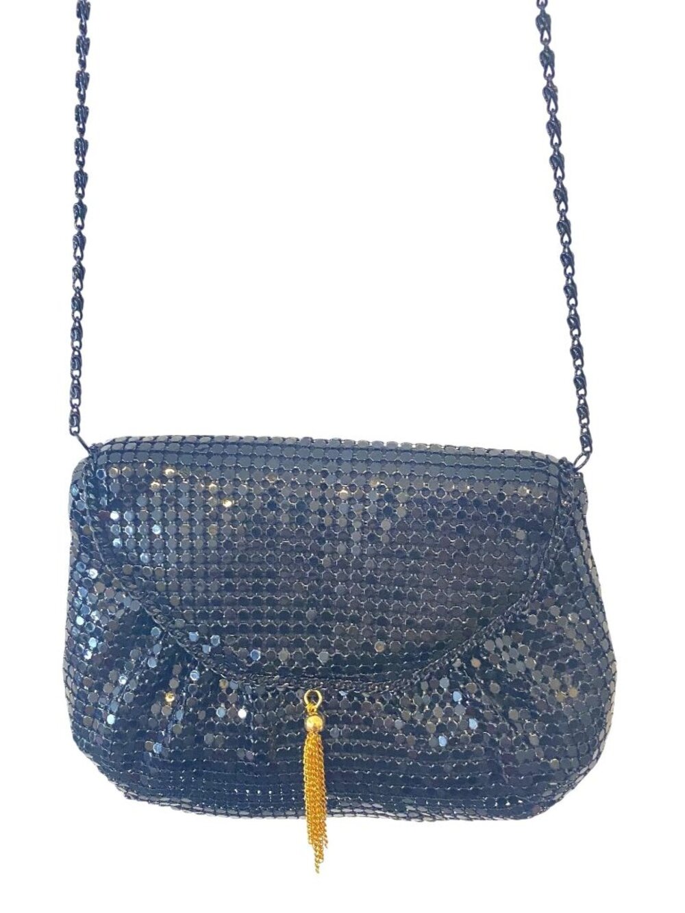 Vintage 80s Black Metal Mesh Evening Bag Chain Strap Gold Tassel Purse